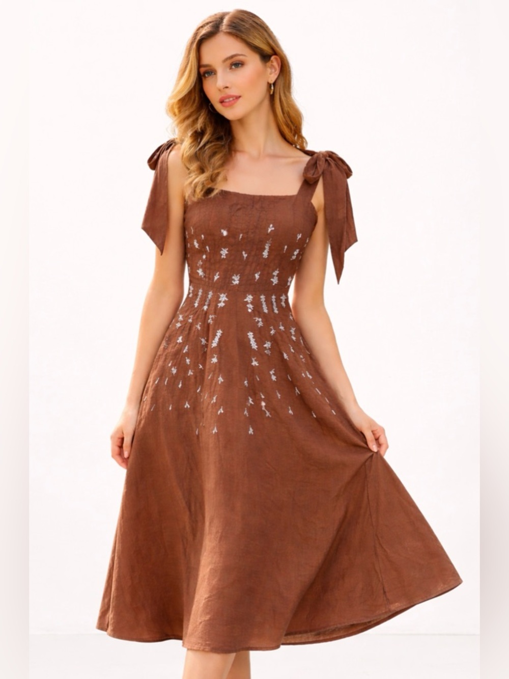 Fanm Mon‎ Linen Mimose Brown Flower Embroidered Pockets Dress $389